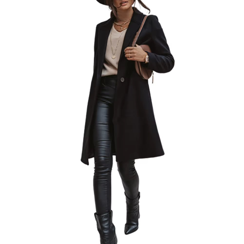 HOT SALES New Arrival Casual Women Autumn Winter Pocket Lapel Overcoat Button Warm Long Coat Jacket Khaki/Light Grey/Black/Beige