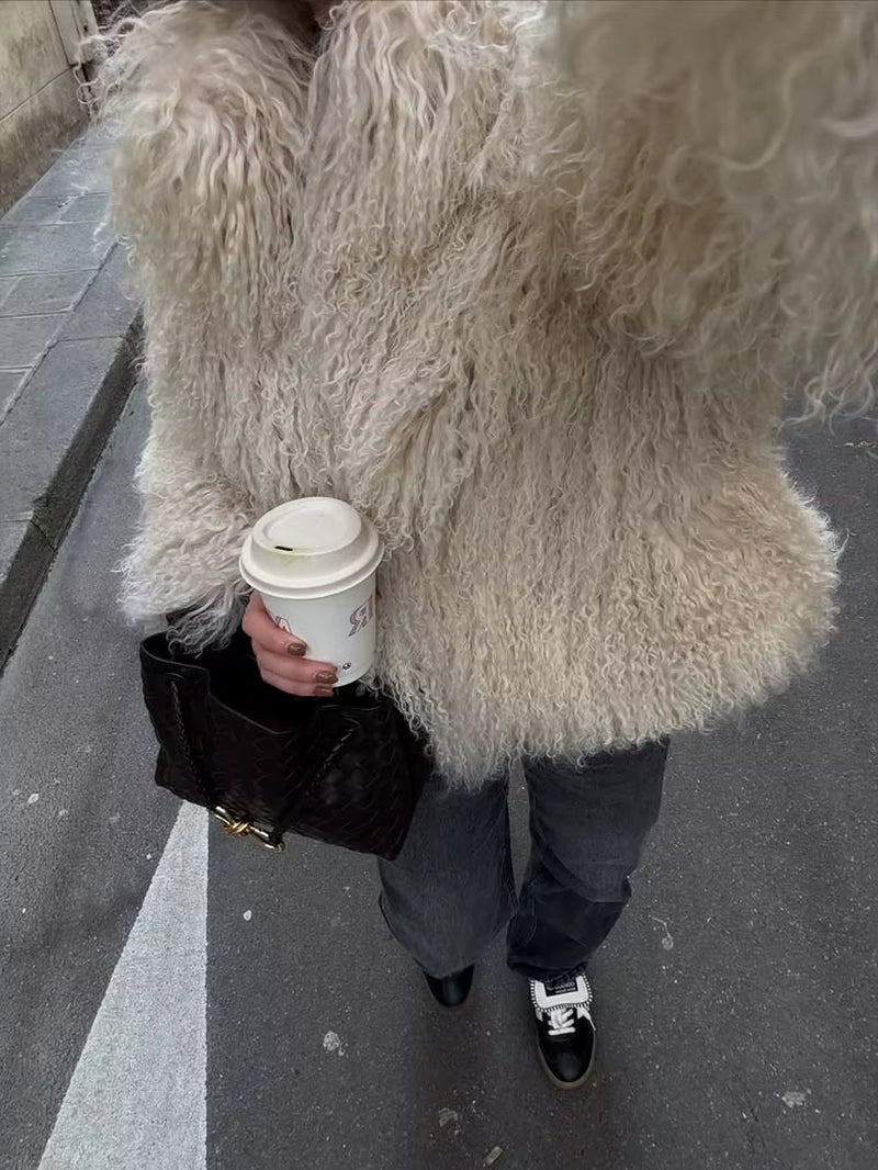 Solid Fluffy Woolen Faux Fur Jacket Women Fashion Turn down Collar Long Sleeve Loose Coats Lady Winter Daily Street Outwears