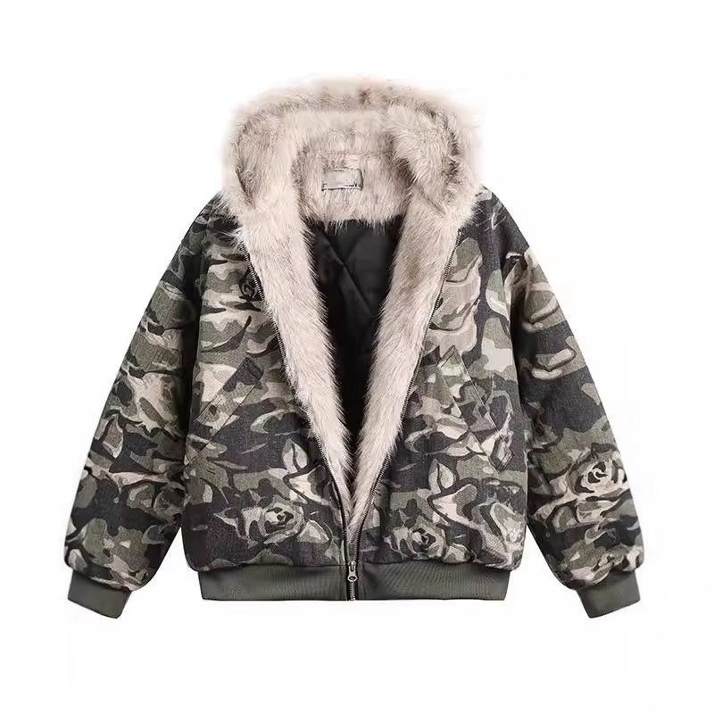 Thickened American Washed Camouflage Hooded Jacket Cotton Coat 2025 Winter New Style Men'S Padded Fur Collar Coat Youth Popular