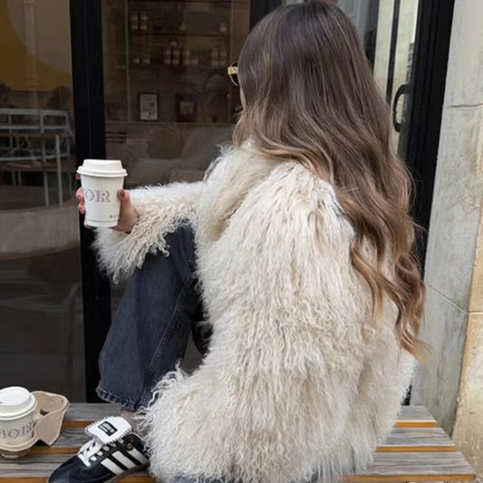 Solid Fluffy Woolen Faux Fur Jacket Women Fashion Turn down Collar Long Sleeve Loose Coats Lady Winter Daily Street Outwears