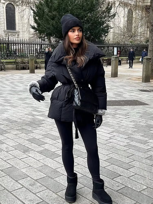 Women Solid Lace up Cotton Coat Fashion Lapel Long Sleeve Warm Pocket Loose Short Coats New Lady Winter Commute Street Outwears