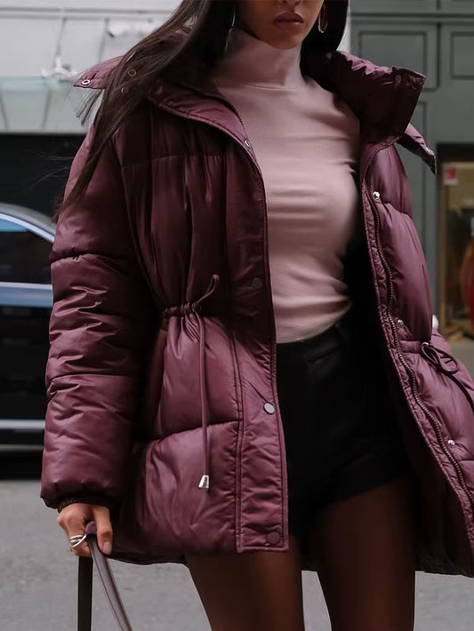 Casual Hooded Cotton Short Jacket Women Stand Collar Zipper Long Sleeve Lace up Loose Warm Coats 2025 Winter Lady Chic Outwear