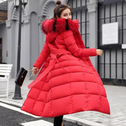 2025 New Winter Jacket Women'S Warm Fashion Bow Belt Fox Fur Collar Coat Long Dress Women'S Thick Coat