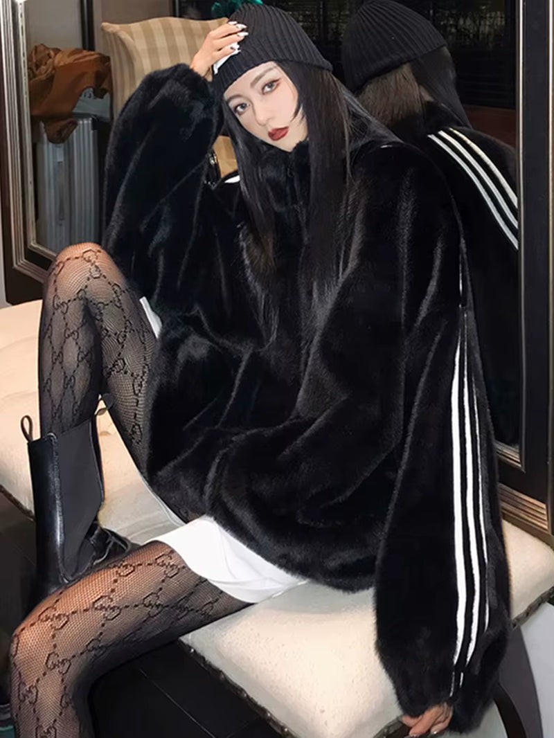 Nerazzurri Zip up Oversized Soft Warm Fluffy Faux Fur Jacket Long Sleeve Color Block Winter Fur Coats for Women Fashion Style