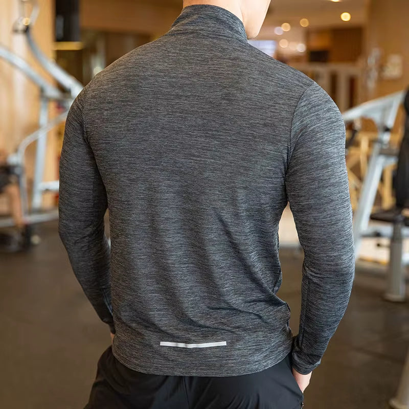 Quick Dry Breathable Running Shirt Men Bodybuilding Sport T-Shirt Long Sleeve Gym Fitness Zipper Stand Collar Autumn Winter