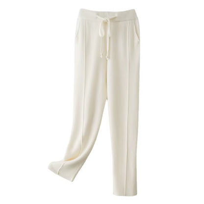 Autumn Winter Women'S Wool Pants Heavyweight Knitted Casual Pants Women Solid Color Drawstring Straight Warm Trousers 100% Wool