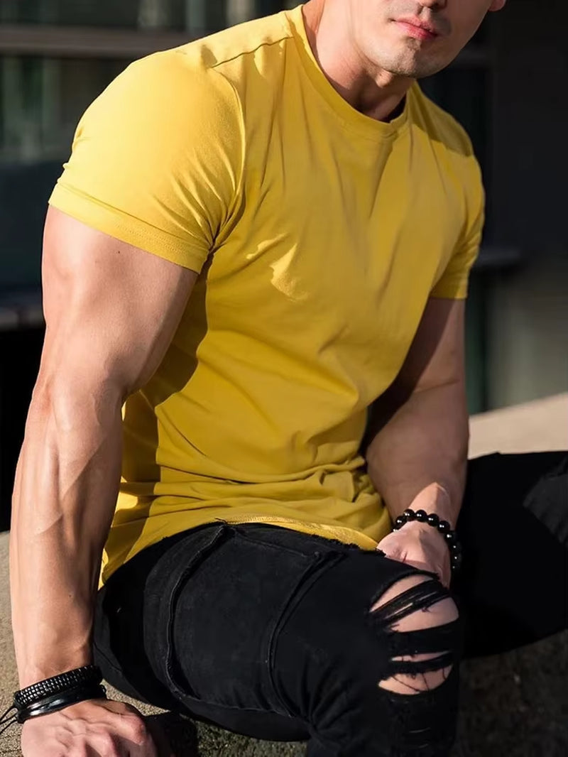Muscle Fitness T-Shirt Summer Men'S Athleisure Workout Short Sleeve T-Shirt High Quality Cotton Men T-Shirt Gym Sport Shirt Tops
