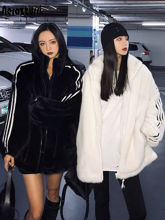 Nerazzurri Zip up Oversized Soft Warm Fluffy Faux Fur Jacket Long Sleeve Color Block Winter Fur Coats for Women Fashion Style