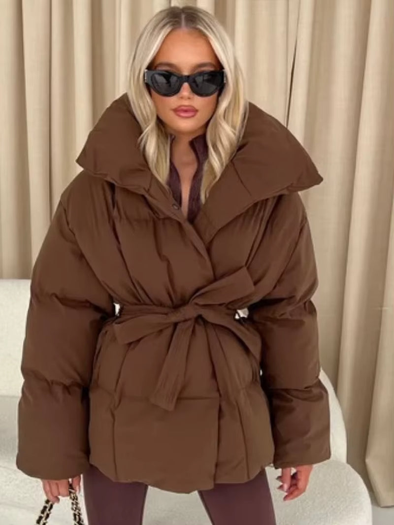 Solid Color Lapel Tied Cotton Coat Women Fashionable Long Sleeved Waist Cinched Warm Jacket Lady Casual Commute Winter Outwear