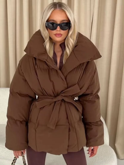 Solid Color Lapel Tied Cotton Coat Women Fashionable Long Sleeved Waist Cinched Warm Jacket Lady Casual Commute Winter Outwear