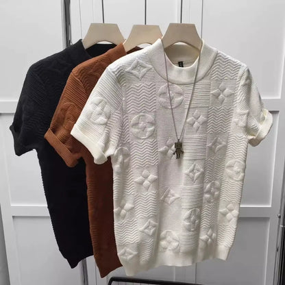 Light Luxury Knitted Sweater Short-Sleeved T-Shirt Young Men'S Trend Fashion Simple Jacquard Half-Sleeved Sweater