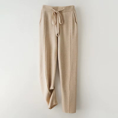 Autumn Winter Women'S Wool Pants Heavyweight Knitted Casual Pants Women Solid Color Drawstring Straight Warm Trousers 100% Wool