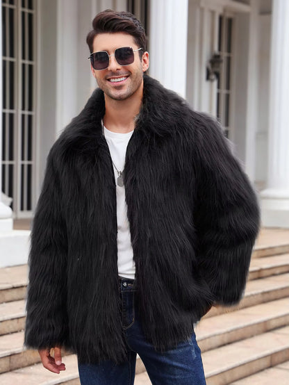 Men Faux Fox Fur Jacket Coat Winter Thick Fluffy Long Sleeve Lapel Warm Shaggy Outerwear Luxury Fur Jacket Bontjas Jackets Mens