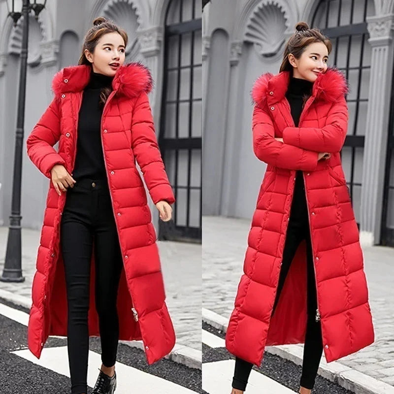 2025 New Winter Jacket Women'S Warm Fashion Bow Belt Fox Fur Collar Coat Long Dress Women'S Thick Coat