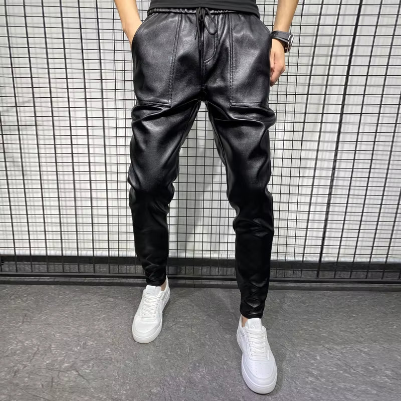 PU Leather Motorcycle Pants Men High Quality Winter Korean Luxury Clothing Big Size Windproof Casual Warm Men'S Trousers Black