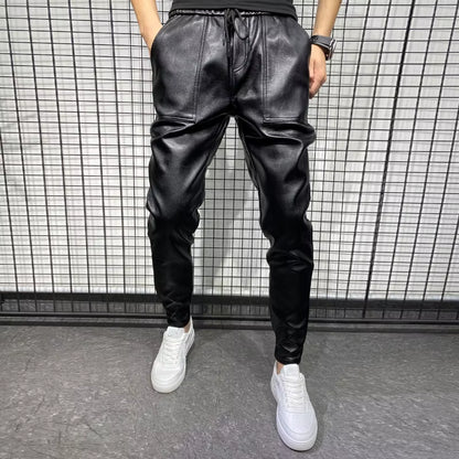 PU Leather Motorcycle Pants Men High Quality Winter Korean Luxury Clothing Big Size Windproof Casual Warm Men'S Trousers Black