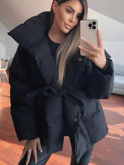 Casual Hooded Cotton Short Jacket Women Stand Collar Zipper Long Sleeve Lace up Loose Warm Coats 2025 Winter Lady Chic Outwear