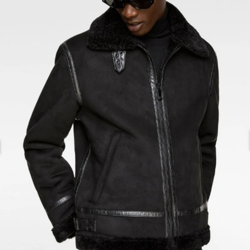 Warm Winter High-Quality Lapel Suede Cashmere Piping Double-Sided Motorcycle Punk Warm Winter Leather Jacket for Men Warm Winte