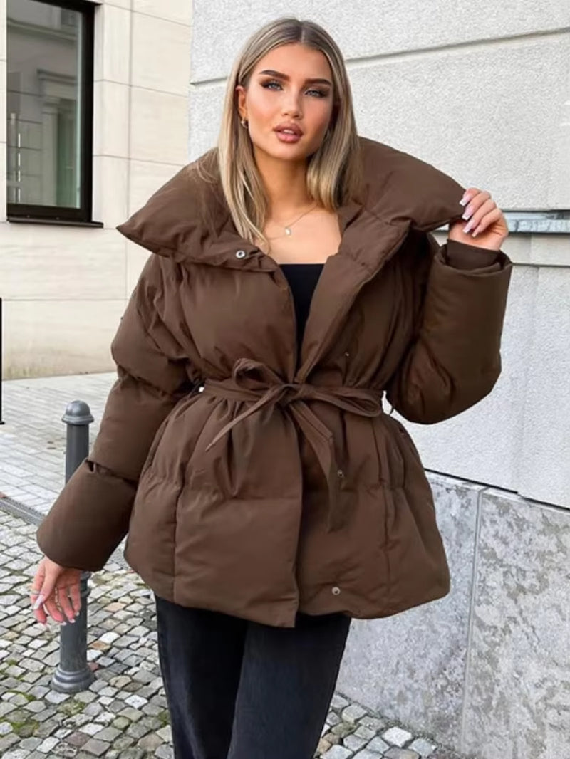Casual Hooded Cotton Short Jacket Women Stand Collar Zipper Long Sleeve Lace up Loose Warm Coats 2025 Winter Lady Chic Outwear