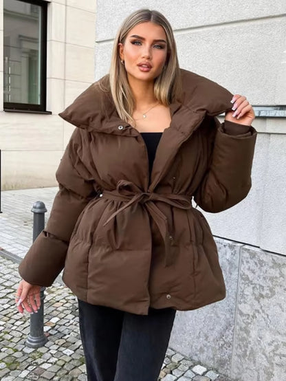 Casual Hooded Cotton Short Jacket Women Stand Collar Zipper Long Sleeve Lace up Loose Warm Coats 2025 Winter Lady Chic Outwear
