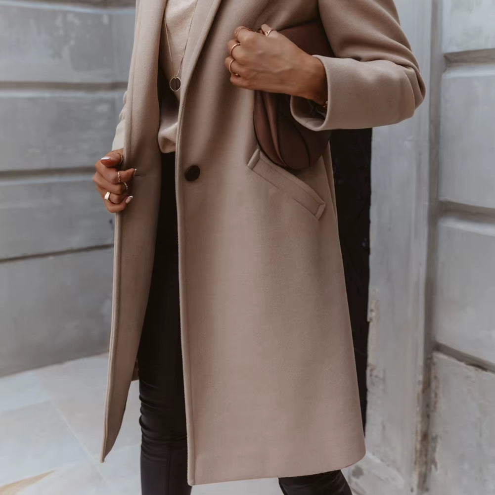 HOT SALES New Arrival Casual Women Autumn Winter Pocket Lapel Overcoat Button Warm Long Coat Jacket Khaki/Light Grey/Black/Beige