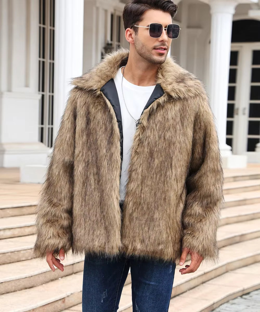 Men Faux Fox Fur Jacket Coat Winter Thick Fluffy Long Sleeve Lapel Warm Shaggy Outerwear Luxury Fur Jacket Bontjas Jackets Mens