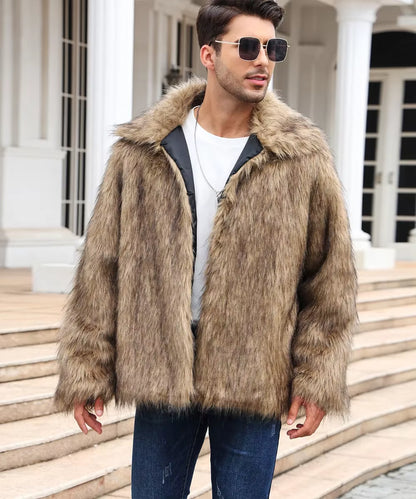 Men Faux Fox Fur Jacket Coat Winter Thick Fluffy Long Sleeve Lapel Warm Shaggy Outerwear Luxury Fur Jacket Bontjas Jackets Mens