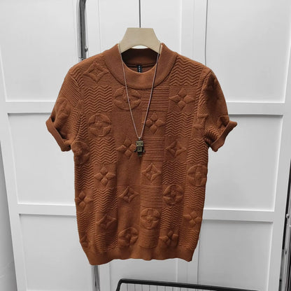 Light Luxury Knitted Sweater Short-Sleeved T-Shirt Young Men'S Trend Fashion Simple Jacquard Half-Sleeved Sweater