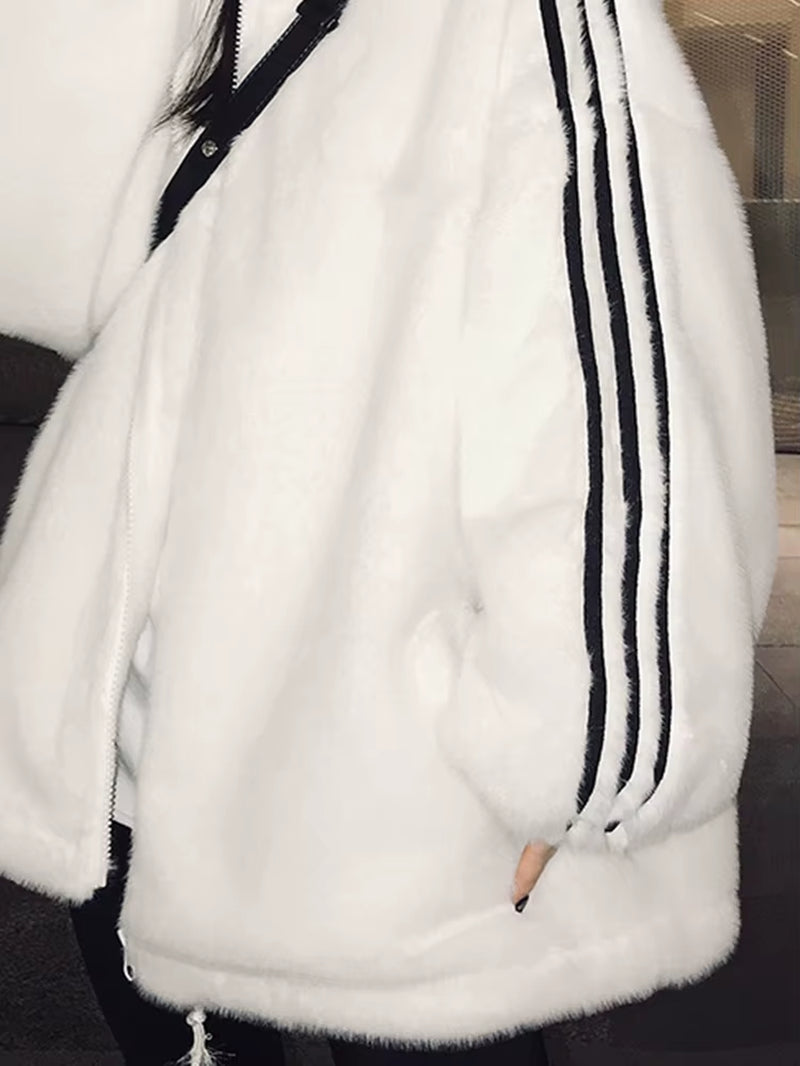 Nerazzurri Zip up Oversized Soft Warm Fluffy Faux Fur Jacket Long Sleeve Color Block Winter Fur Coats for Women Fashion Style