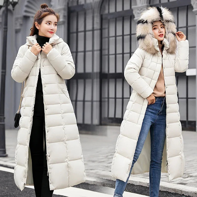 2025 New Winter Jacket Women'S Warm Fashion Bow Belt Fox Fur Collar Coat Long Dress Women'S Thick Coat