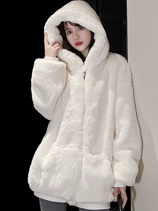 Lautaro-Oversized Faux Fur Jacket for Women, Fluffy, Warm, Soft, White, Long Sleeve, Black, Zip Up, Korean Hoodie, Winter