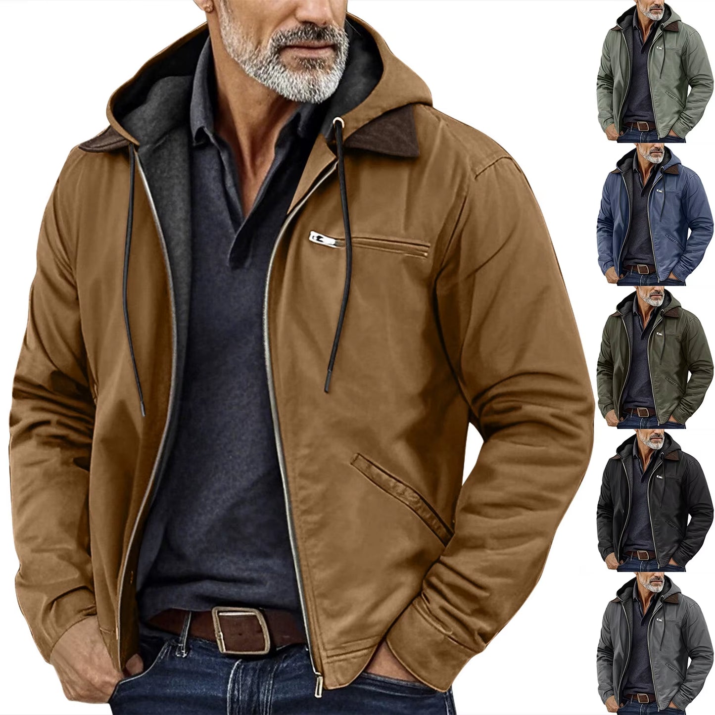Men'S Casual Autumn and Winter Jacket Men'S Solid Color Zipper Pocket Hooded Sweatshirt Jacket Cardigan Men'S Casual Jacket