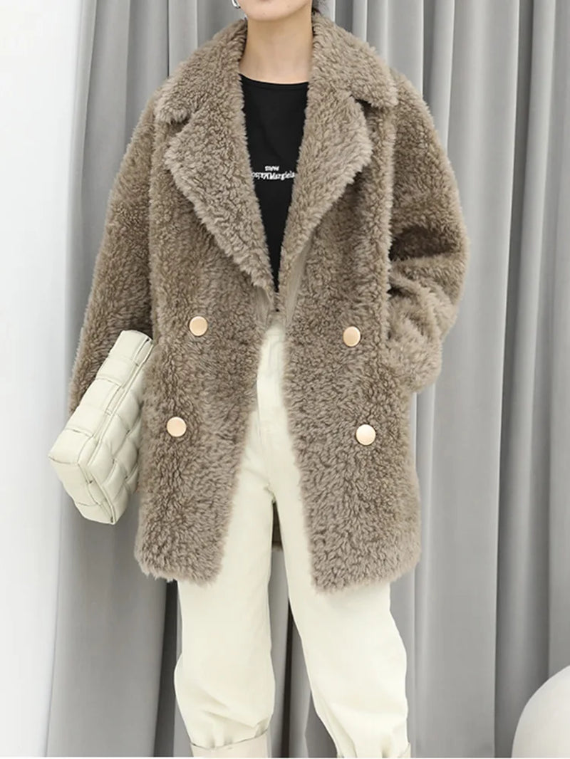 MENINA BONITA 2025 New Luxury Winter Jacket Women'S Coat Double-Breasted Woven Real Natural Wool Fur Lapel Warm Loose Outerwear