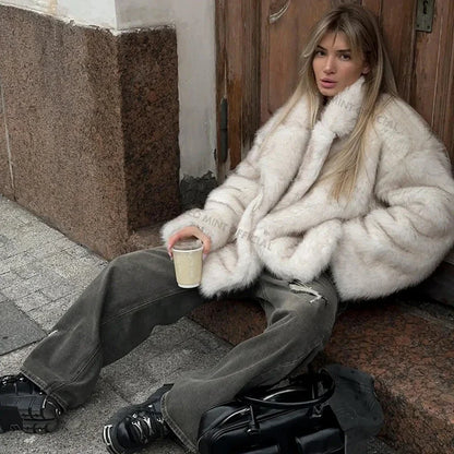 2024 Winter Ins Hot Fashion Girls Oversized Gradient Fur Coat Women Thick Warm Outerwear Fluffy Faux Fox Fur Jacket