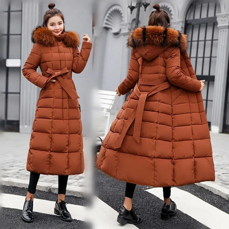 2025 New Winter Jacket Women'S Warm Fashion Bow Belt Fox Fur Collar Coat Long Dress Women'S Thick Coat