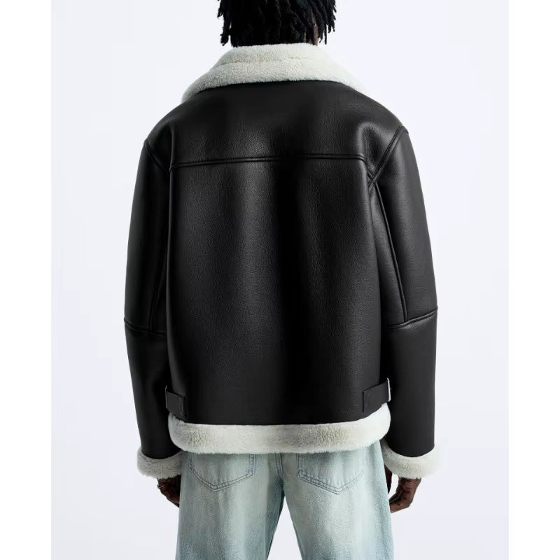 Warm Winter High-Quality Lapel Suede Cashmere Piping Double-Sided Motorcycle Punk Leather Jacket for Men