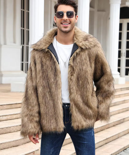 Men Faux Fox Fur Jacket Coat Winter Thick Fluffy Long Sleeve Lapel Warm Shaggy Outerwear Luxury Fur Jacket Bontjas Jackets Mens