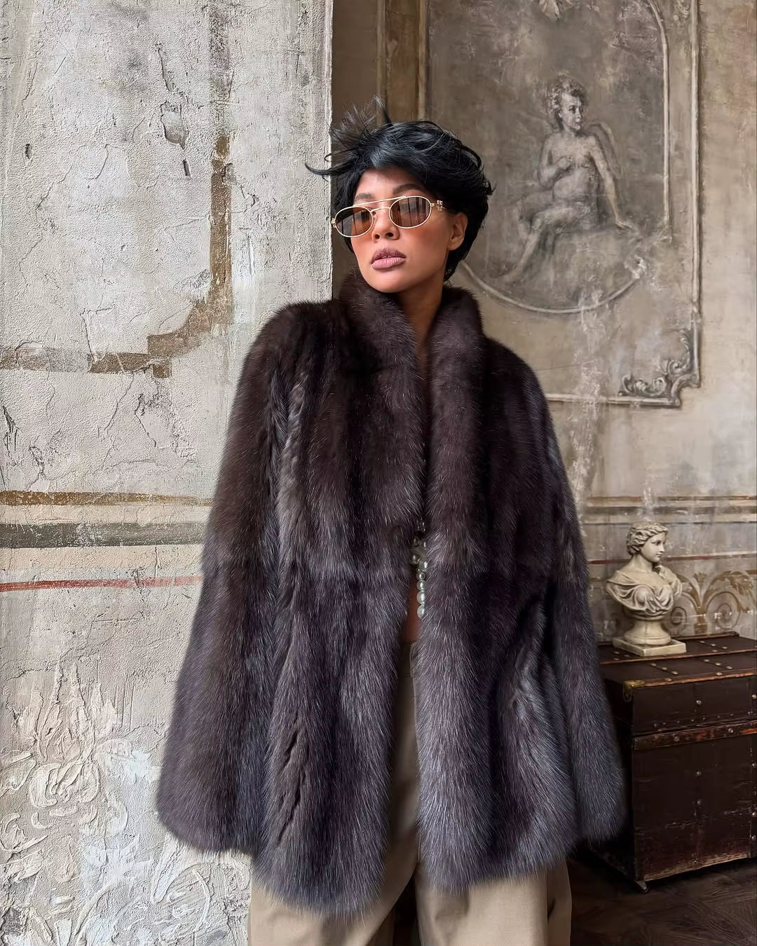 Brown Medium-Length Fur Coat Women Lapel Hidden Button Loose Elegant Outerwear 2025 Fashion Office Lady Commute Overcoat New