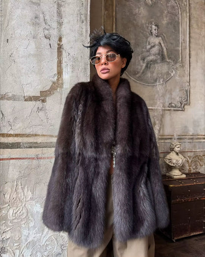 Brown Medium-Length Fur Coat Women Lapel Hidden Button Loose Elegant Outerwear 2025 Fashion Office Lady Commute Overcoat New