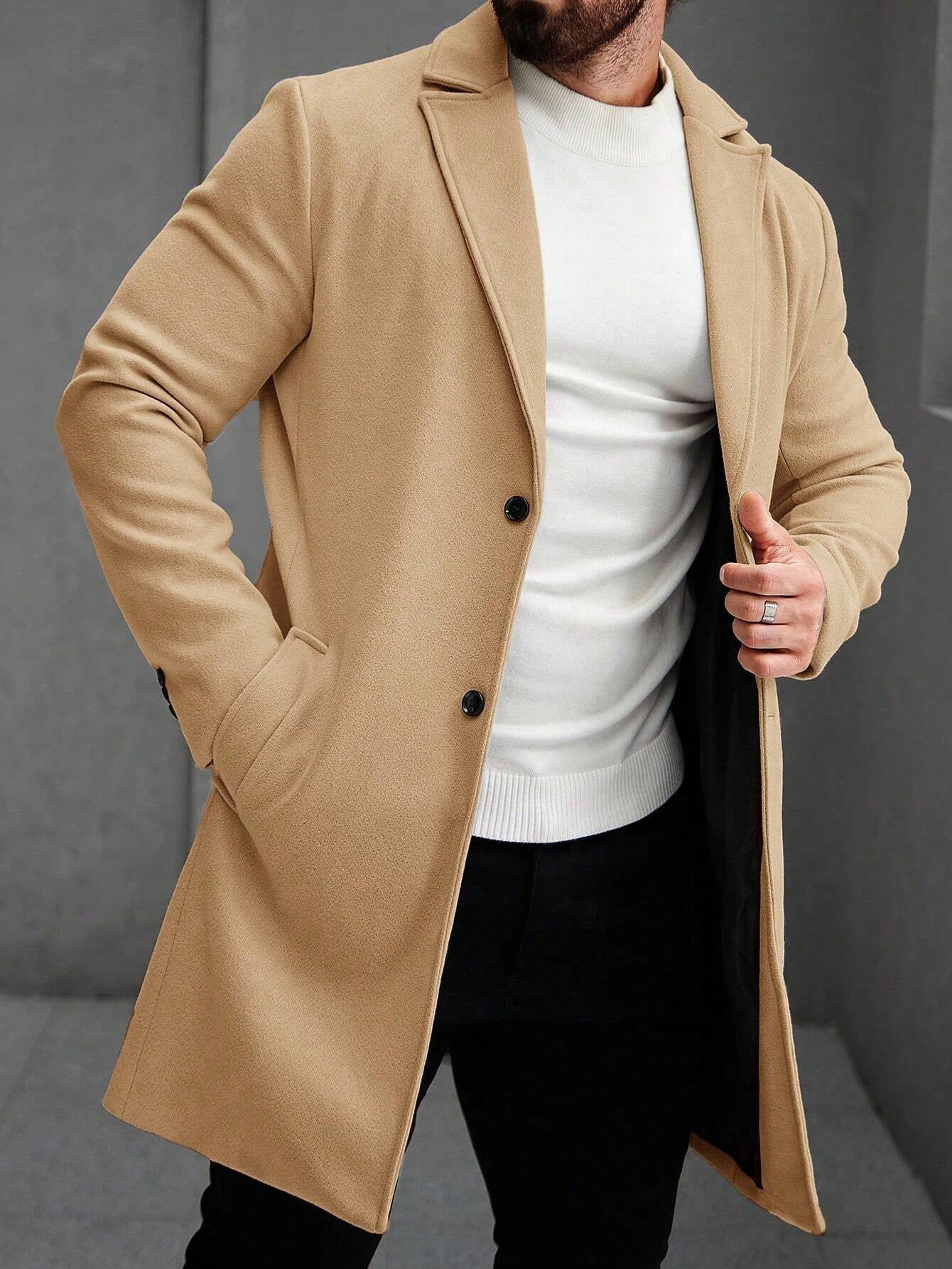 Manfinity Homme Men'S Solid Color Pocket & Button Front Long Sleeve Overcoat, Autumn Fall Clothes