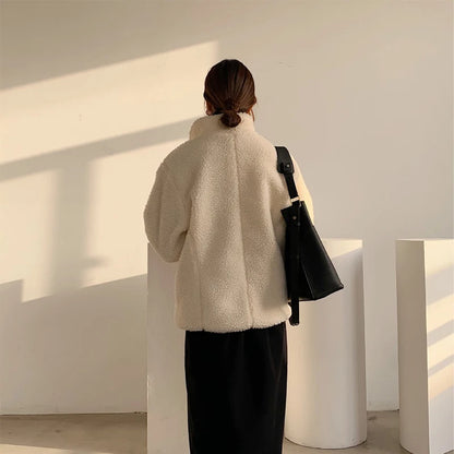 Women'S Lambskin Jacket with Horn Buckle, Stand Collar, Casual, Pure Color, Thin, Winter, Plush, Warm, Female Coat, W900