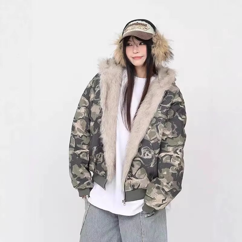 Thickened American Washed Camouflage Hooded Jacket Cotton Coat 2025 Winter New Style Men'S Padded Fur Collar Coat Youth Popular