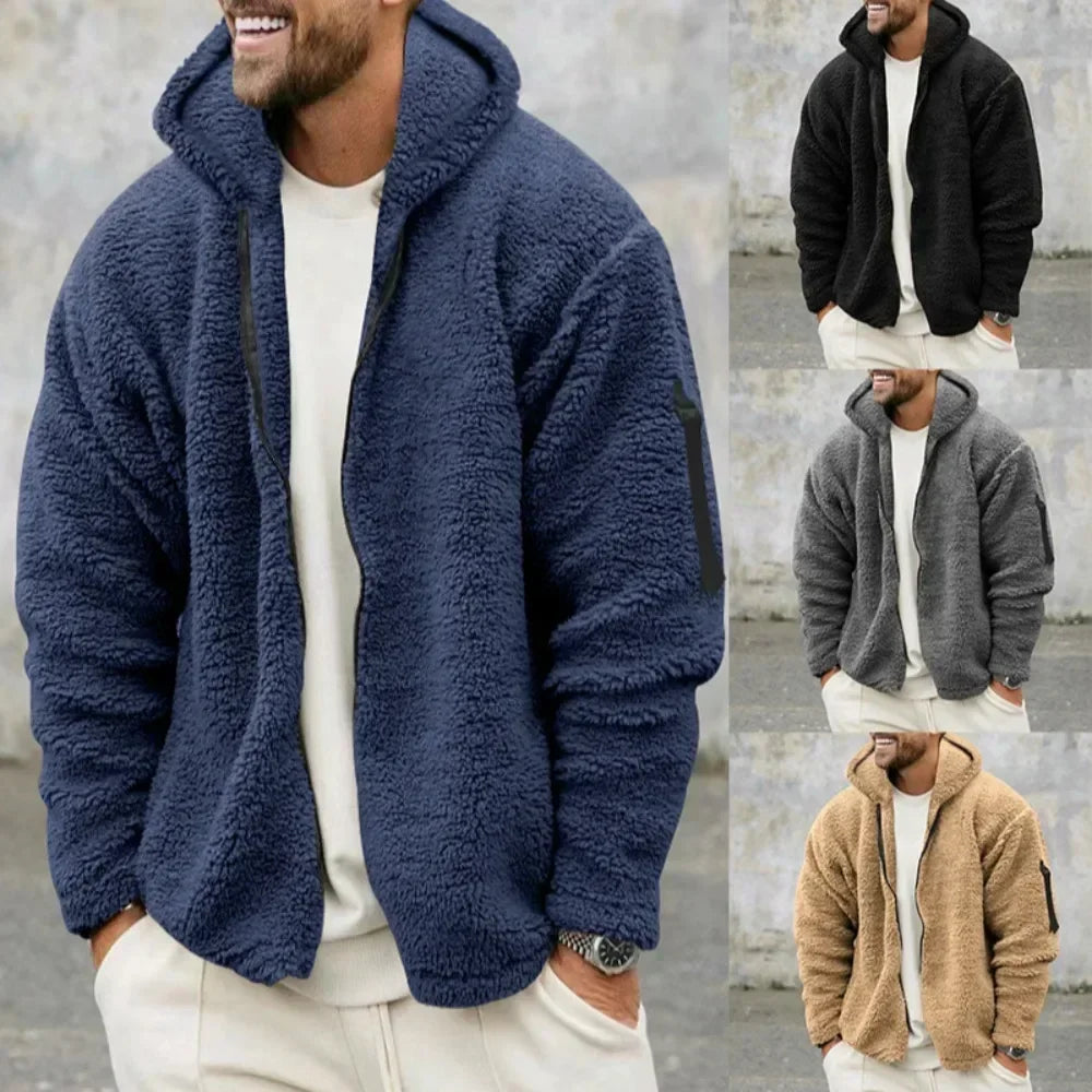 Jacket Men'S Winter Jacket Fall Winter Double-Sided Fleece Warm Jacket Loose Hooded Casual Jacket Comfortable Fabric
