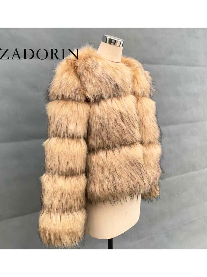 ZADORIN Woman Fashion Faux Raccoon Fur Coat Luxury Short Warm Fur Top Furry Jacket Women Winter Plush Fluffy Fur Coats for Woman