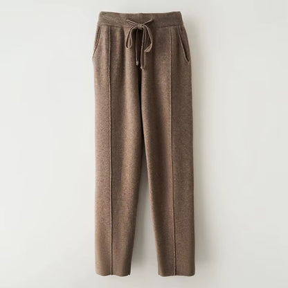 Autumn Winter Women'S Wool Pants Heavyweight Knitted Casual Pants Women Solid Color Drawstring Straight Warm Trousers 100% Wool