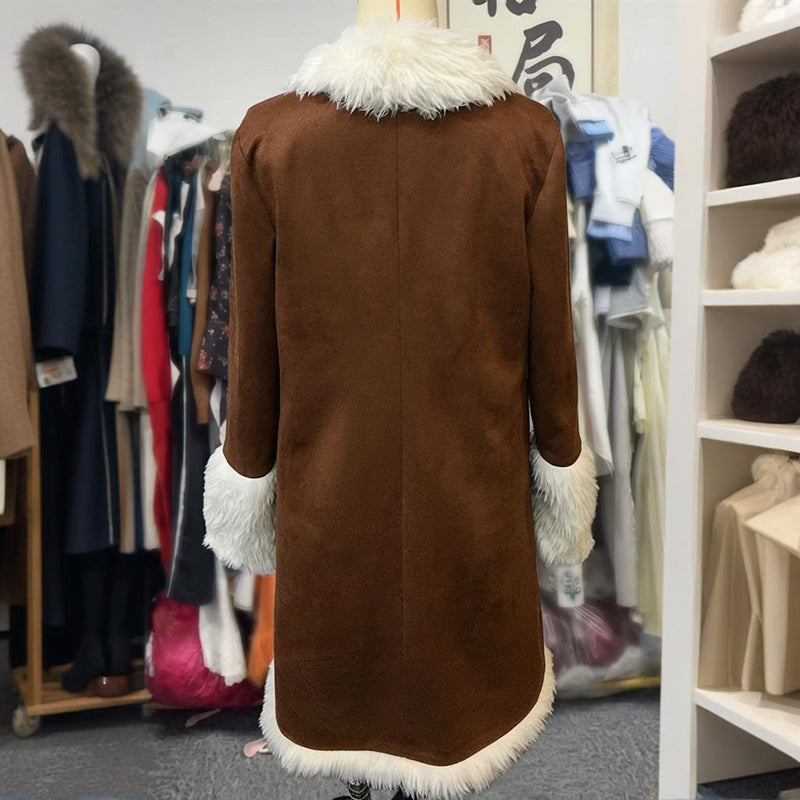 Vintage Women'S Long Plush Coat with Fur Collar, Winter Warm Thick Trench Jacket for Formal & Casual