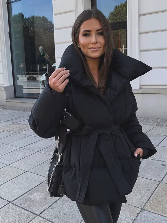 Solid Color Lapel Tied Cotton Coat Women Fashionable Long Sleeved Waist Cinched Warm Jacket Lady Casual Commute Winter Outwear