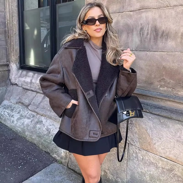 HXAO Woman Thick Faux Leather Jackets for Women Coat Autumn Winter Warm Wool Blends Coats Demi-Season Plush Jacket Outerwear