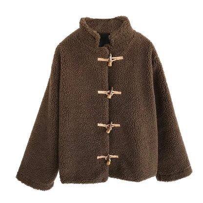 Women'S Lambskin Jacket with Horn Buckle, Stand Collar, Casual, Pure Color, Thin, Winter, Plush, Warm, Female Coat, W900