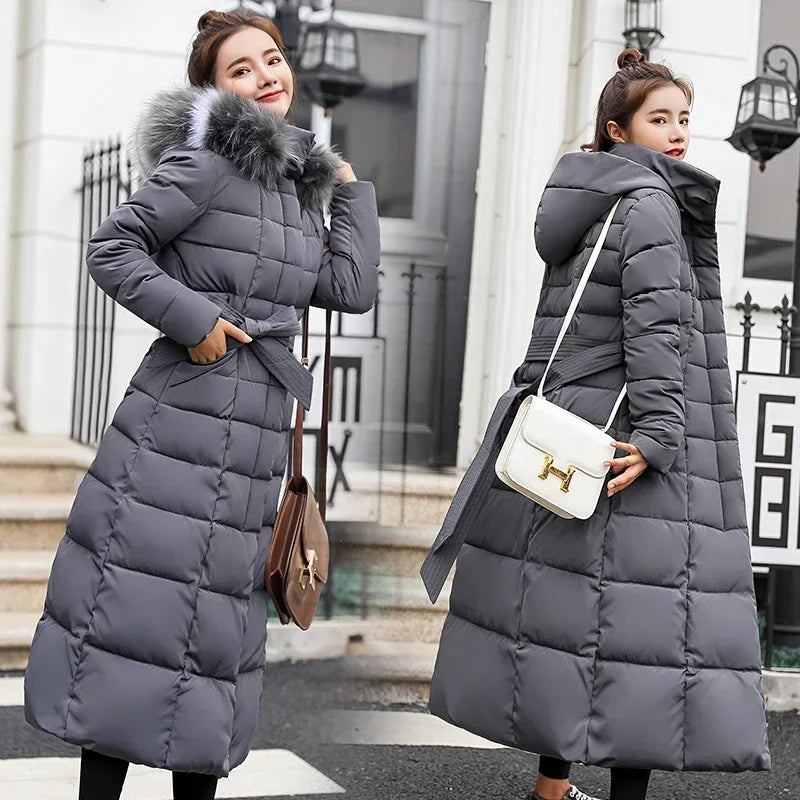 2025 New Winter Jacket Women'S Warm Fashion Bow Belt Fox Fur Collar Coat Long Dress Women'S Thick Coat